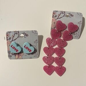 76- Pink Glitter Heart Earrings and Love Studs